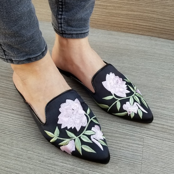 Embroider Flower on Black Satin Mule Loafer-D - Picture 6 of 8